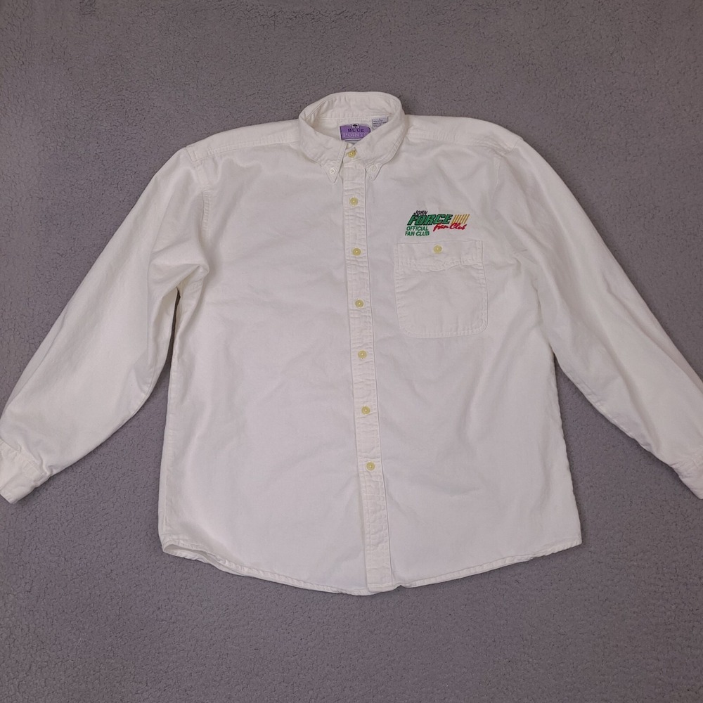 John Force Fan Club Shirt Mens Large White Button Down Blue Pointe Collared‎